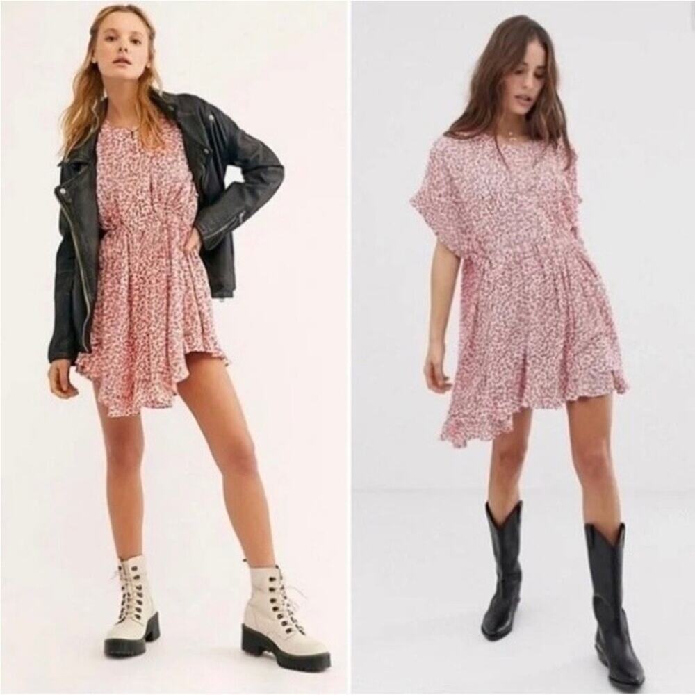 Free People One Fine Day Dress red floral print bohemian mini oversized boho S